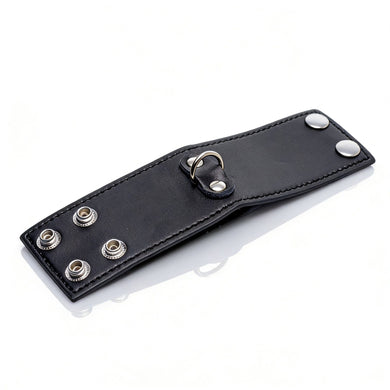 Black 2-inch ball stretcher laid flat with snap closure, stitched edges, and attached silver D-ring on white background