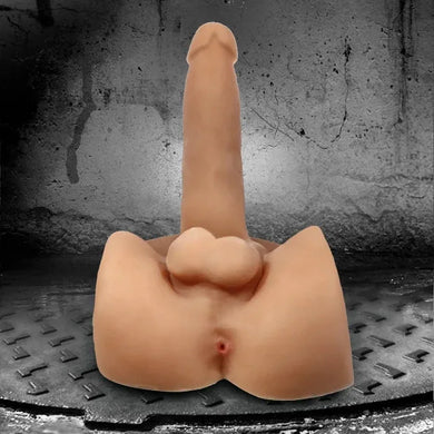 2 Way Grunt stroker dildo front view showing realistic cock, balls and tight hole