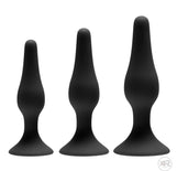 GreyGasms Apprentice 3-piece silicone anal training kit with graduated butt plugs and suction bases