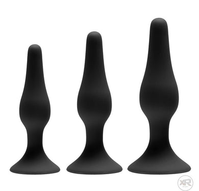 GreyGasms Apprentice 3-piece silicone anal training kit with graduated butt plugs and suction bases