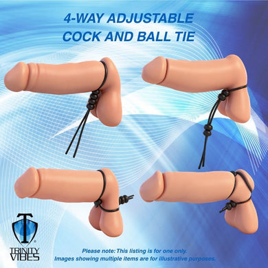 4-Way Adjustable Cock and Ball Tie shown in multiple positioning styles, adjustable cord with sliding beads for customizable fit and tension