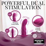 Promotional graphic for a dual-stimulation adult toy, showing a magenta and purple vibrator on a white curtain background with callout circles labeled 'Vibrating Come-Hither,' 'Thrusting Modes,' 'Clitoral Tapping,' and '6X Clitoral Tapping Modes.' Large text reads 'POWERFUL DUAL STIMULATION,' and the 'BEDROOM BLISS' logo appears in the lower right.