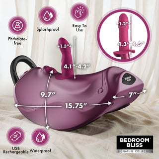 Purple and black USB rechargeable waterproof dildo with dimension measurements, labeled 'Bedroom Bliss Signature Collection' on a draped cream fabric background with feature icons.
