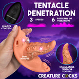Promotional graphic for a male masturbator toy labeled 'Tentacle Penetration' with a hand holding a peach-colored textured toy, a black remote control, and text highlighting '3 speeds', '6 patterns of vibration', 'remote control', 'dual motors', and 'stimulating tentacle texture' on a purple background.