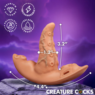 A novelty adult product shown on a purple graphic background with measurement callouts reading 3.2 inches, 1.