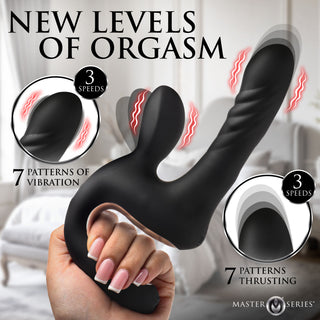 A hand holds a black curved adult novelty massager with a textured shaft and dual suction-style openings. The image includes marketing text reading 'NEW LEVELS OF ORGASM,' circular insets showing vibration and thrusting patterns, and the Master M Series logo.