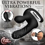 Black curved external vibrator with a silver ergonomic handle, shown with marketing text and circular feature callouts on a blurred bathroom background.