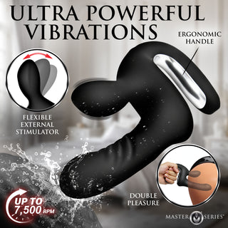 Black curved external vibrator with a silver ergonomic handle, shown with marketing text and circular feature callouts on a blurred bathroom background.