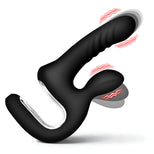 Black silicone dual-stimulation personal massager with red heat wave graphics indicating warmth, shown on a white background.