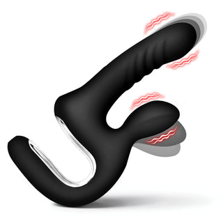 Black silicone dual-stimulation personal massager with red heat wave graphics indicating warmth, shown on a white background.