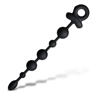 Black silicone beaded anal plug with a ring handle, shown diagonally on a white background with a soft shadow.
