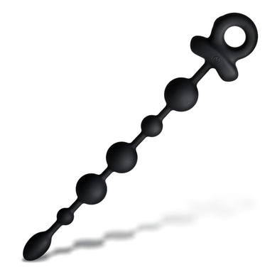 Black silicone beaded anal plug with a ring handle, shown diagonally on a white background with a soft shadow.