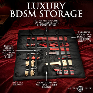 A black roll-up pouch organizer for BDSM accessories, shown open with multiple compartments holding red straps, beige ropes, and other items. White text overlays describe the product features, and the Master V Series logo appears in the bottom right on a dark red velvet background.