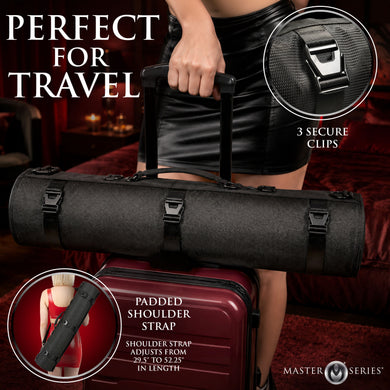 A black Master Series padded travel shoulder strap bag shown being carried over a red suitcase in a dimly lit interior. The image includes text callouts reading 'PERFECT FOR TRAVEL,' '3 SECURE CLIPS,' and 'PADDED SHOULDER STRAP' with adjustment details, plus the Master Series logo.