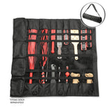 A black roll-up tool organizer pouch laid flat on a white background, filled with various hand tools such as red-handled implements, rope, and straps. A circular inset at the top right shows the pouch rolled up with a strap attached.
