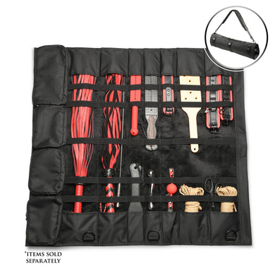 A black roll-up tool organizer pouch laid flat on a white background, filled with various hand tools such as red-handled implements, rope, and straps. A circular inset at the top right shows the pouch rolled up with a strap attached.