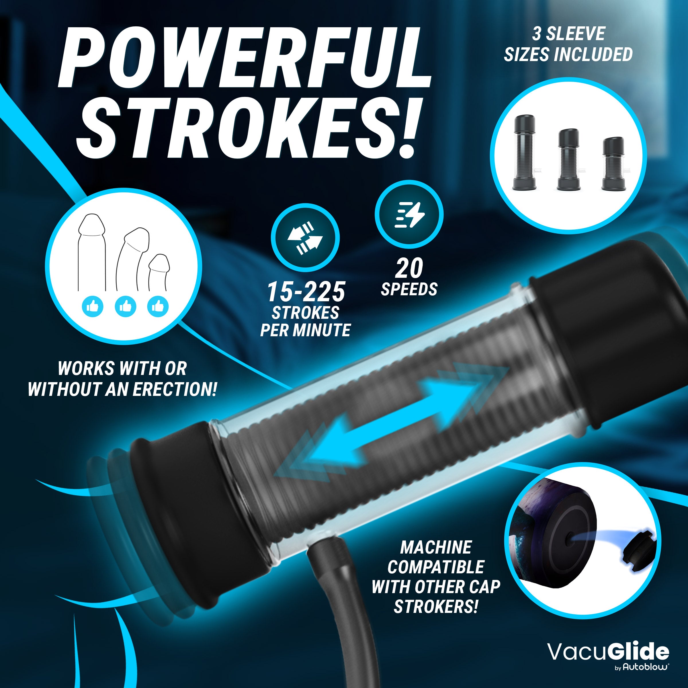 Everything included with the VacuGlide 2: machine, 3 strokers, 3 ribbed sleeves, adapter, hose, and power supply