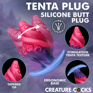 A promotional graphic for a silicone butt plug labeled 'TENTA PLUG' with the text 'Silicone Butt Plug.' The main product is shown as a pink and blue curved plug with suction-cup texture, plus three circular inset close-ups and callout labels including 'Firm & Flexible,' 'Stimulation Tenta Texture,' 'Tapered Tip,' 'Ergonomic Base,' and 'Creature Cocks.