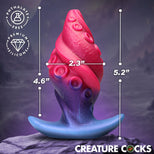 A silicone novelty product shown on a dark purple background with overlaid dimension lines and text reading 2.3 inches wide, 4.