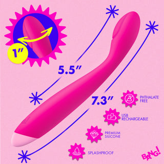 Pink curved personal massager shown on a pink background with measurement lines, a 1-inch inset callout, and feature icons including phthalate free, USB rechargeable, premium silicone, and splashproof.