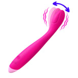 A bright pink personal massager with a curved handle and dual rounded head sections, shown on a plain white background with a purple rotation arrow and pink wavy lines indicating motion.