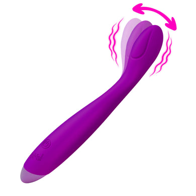 A purple curved personal massager with a light purple tip, shown on a white background with pink graphic wavy lines and a pink rotation arrow near the head to indicate motion.
