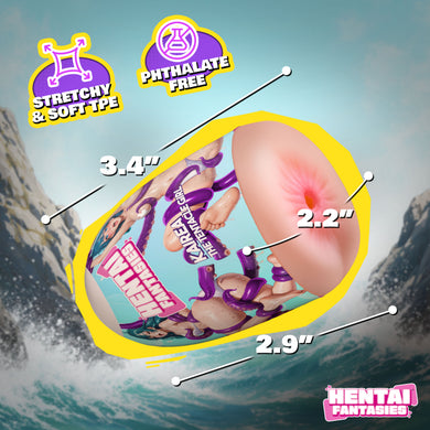 An illustrated product graphic for a Hentai Fantasies adult novelty item, showing a round inflatable or stretchy toy with printed anime-style graphics, purple straps, and dimension callouts reading 3.4
