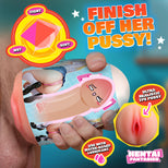 An adult novelty product being held by a person's hand against a bright blue background, with large promotional text and inset callouts describing features such as tight/wet/soft and ultra realistic TPE pussy. The product itself is a realistic fake pussy toy with a printed label showing a woman's legs.