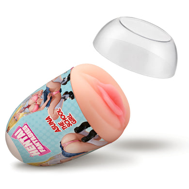 An adult novelty product shown on a clean white background, featuring a flesh-toned simulated vagina insert attached to a printed cylindrical base with a transparent dome lid floating above it.