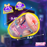 An illustrated product graphic for a Hentai Fantasies adult novelty item, showing a pink flesh-toned curved object with printed anime-style artwork and measurement callouts reading 3.4