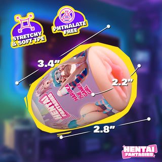 An illustrated product graphic for a Hentai Fantasies adult novelty item, showing a pink flesh-toned curved object with printed anime-style artwork and measurement callouts reading 3.4