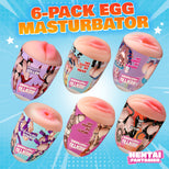 Six novelty toy packages arranged in a circle on a bright blue graphic background with the text '6-PACK EGG MASTURBATOR' and a 'Hentai Fantasies' logo. The packages feature realistic pink flesh-toned tops resembling lips or cocks, with colorful anime-style labels.