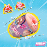 An inflatable adult novelty toy with printed anime-style graphics and flesh-toned simulated skin, shown on a bright blue graphic background with measurement callouts and feature badges reading stretchy & soft TPE, phthalate free, and hentai fantasies.