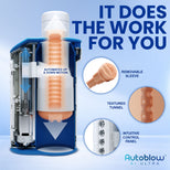 Autoblow AI Ultra cutaway showing automated up and down stroking, removable textured sleeve and control panel