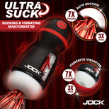 Jock UltraSuck automatic suction and vibrating masturbator in black and red, shown with promotional text and feature callouts on a dark red background.