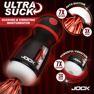 Jock UltraSuck automatic suction and vibrating masturbator in black and red, shown with promotional text and feature callouts on a dark red background.