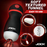 JOCK brand soft textured tunnel dildo shown on a dark red promotional background with text reading 'SOFT TEXTURED TUNNEL' and 'EASY TO USE,' plus inset callouts about a removable sleeve, textured inner tunnel, and easy install vibrating bullet.