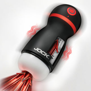 A Jock brand black and red male enhancement device with a white base, shown on a white background with red graphic heat waves and a red jet stream coming from the nozzle.