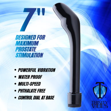The Essential P-Spot Vibe infographic showcasing a 7-inch design for prostate stimulation with powerful vibration, waterproof construction, multi-speed settings, and phthalate-free material