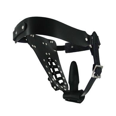 Leather Male Chastity Belt with Anal Plug Harness