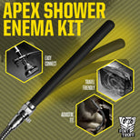 Apex Shower Enema Kit infographic with black silicone nozzle, shower diverter, mesh travel bag and adjustable fit callouts