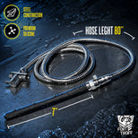 Apex Shower Set coiled 80 inch steel hose and black silicone nozzle on wet concrete with length callouts