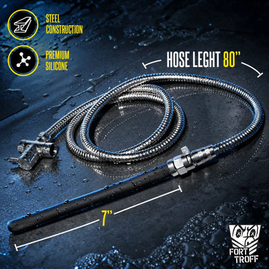 Apex Shower Set coiled 80 inch steel hose and black silicone nozzle on wet concrete with length callouts