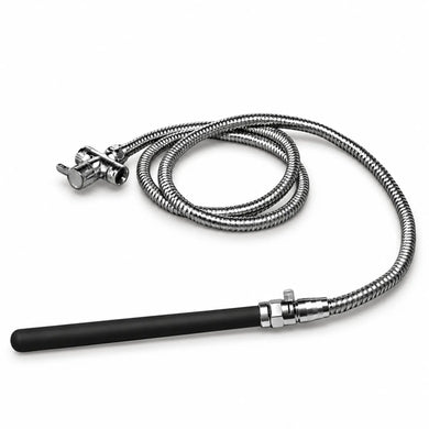 Apex Shower Set product shot, black silicone nozzle, toggle valve, coiled stainless steel hose and diverter on white