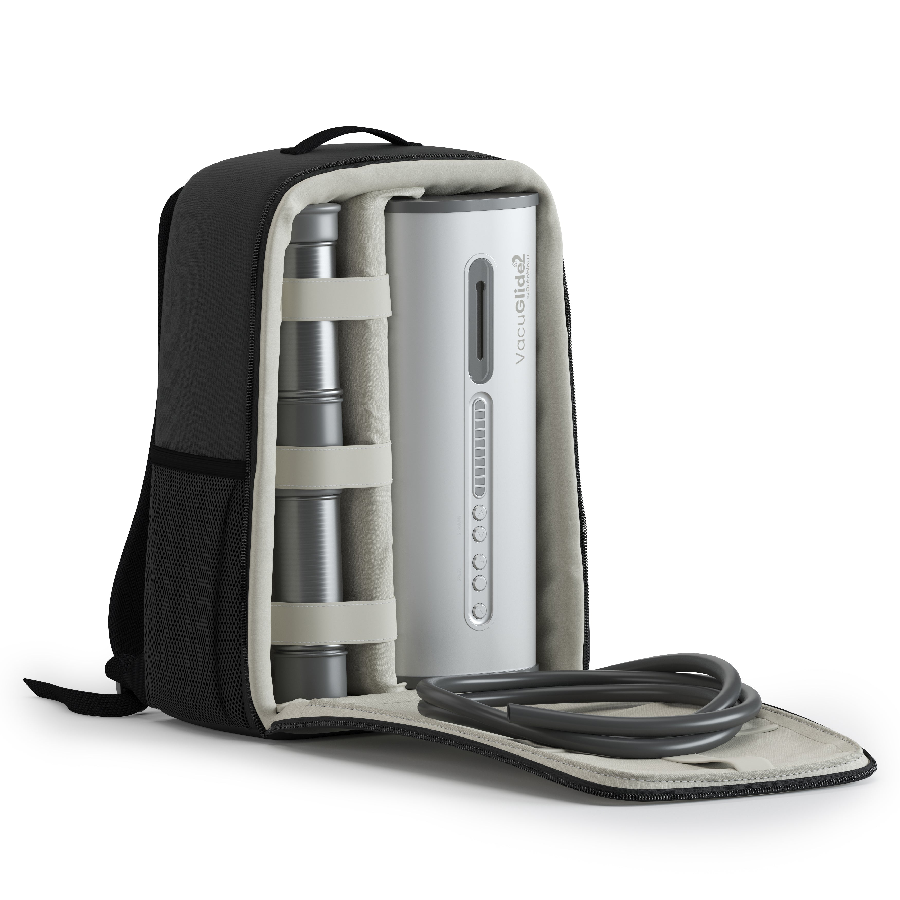 VacuGlide 2 packed inside its unbranded black storage backpack