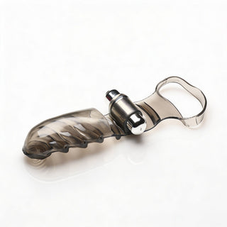 Side profile of the vibrating finger glove showing the contoured shaft, integrated bullet vibrator, and flexible finger loop