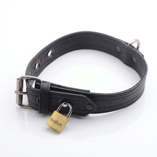 Black locking collar secured with a brass padlock highlighting the lockable design and adjustable fit