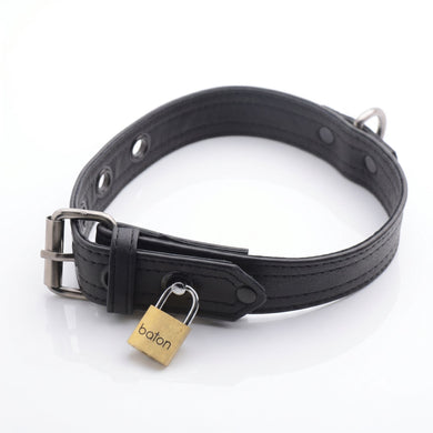 Black locking collar secured with a brass padlock highlighting the lockable design and adjustable fit