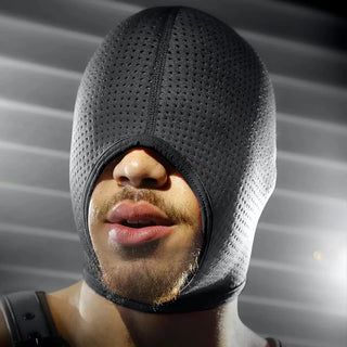 Black Ops perforated neoprene bondage hood, front view