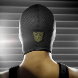 Black Ops perforated bondage hood side view with the closure detail